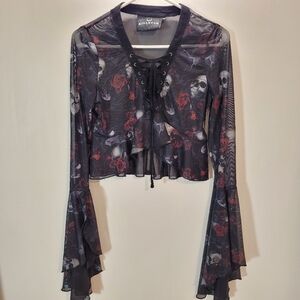 Killstar Wicked Rose Skull Bat Gothic Design Cropped Mesh Blouse Top - S